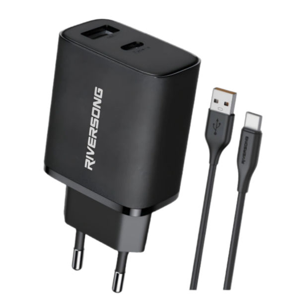 RIVERSONG SafeKub D3(CT85) Chargeur Mural 20W 3A 3x Plus Rapide, USB-A/Type-C, Câble 1M, Protections Multiples, Noir