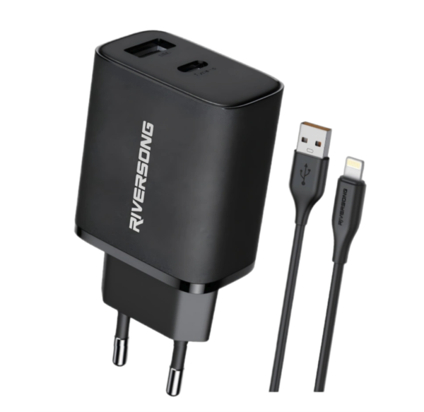 RIVERSONG SafeKub D3(CL85) Chargeur Mural 20W 3A 3x Plus Rapide, USB-A/Lightning, Câble 1M, Protections Multiples, Noir